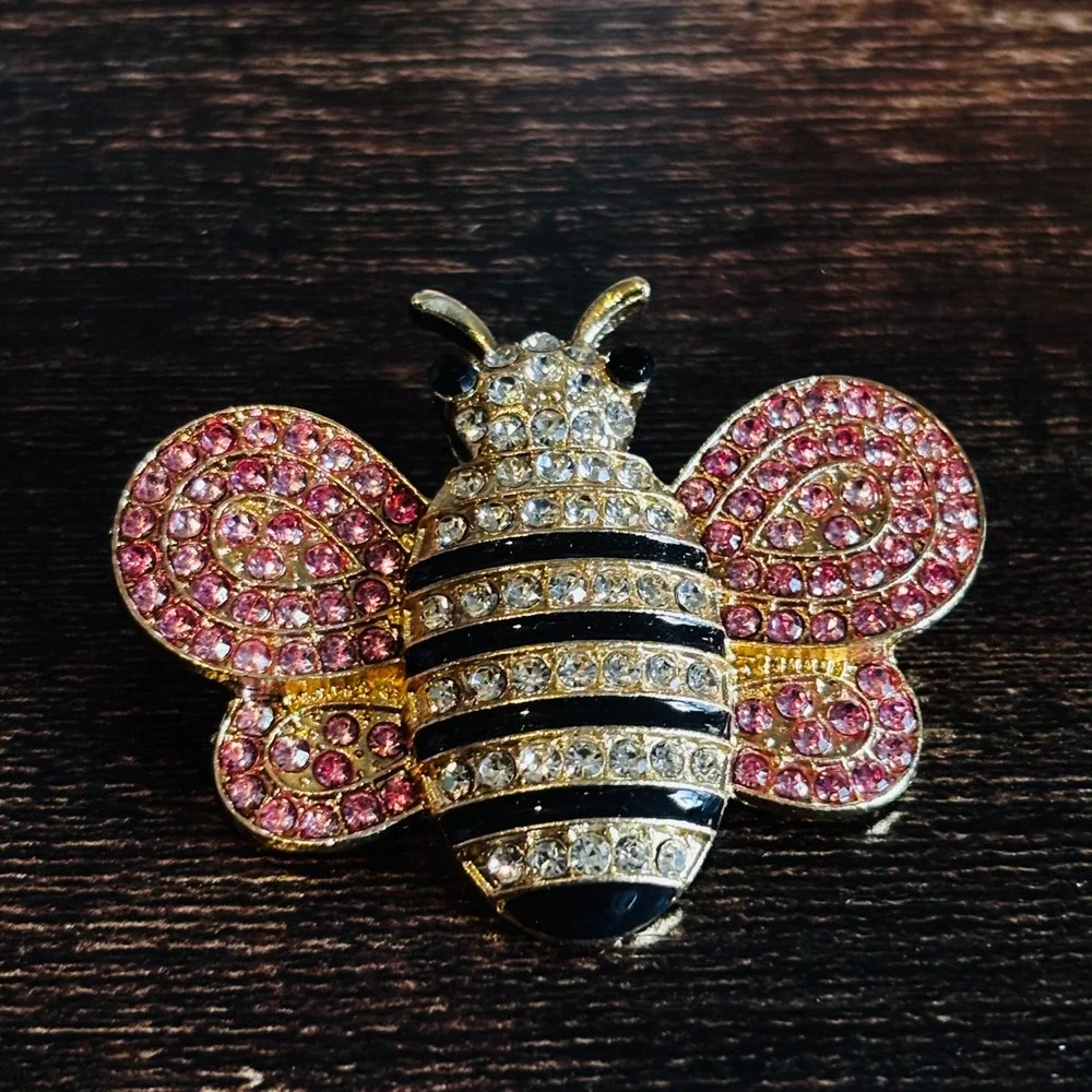 Gold Tone Pink Rhinestone Bumblebee Brooch Crystal Insect Black Enamel Stripe